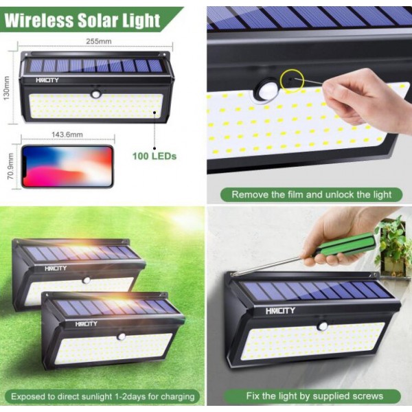 HMCITY Technology Solar Lights Outdoor, Wireless 100 LED Solar Motion Sensor Lights Waterproof Security Lighting Outdoor for Front Door, Backyard, Steps, Garage, Garden(2000LM, 2PACK)