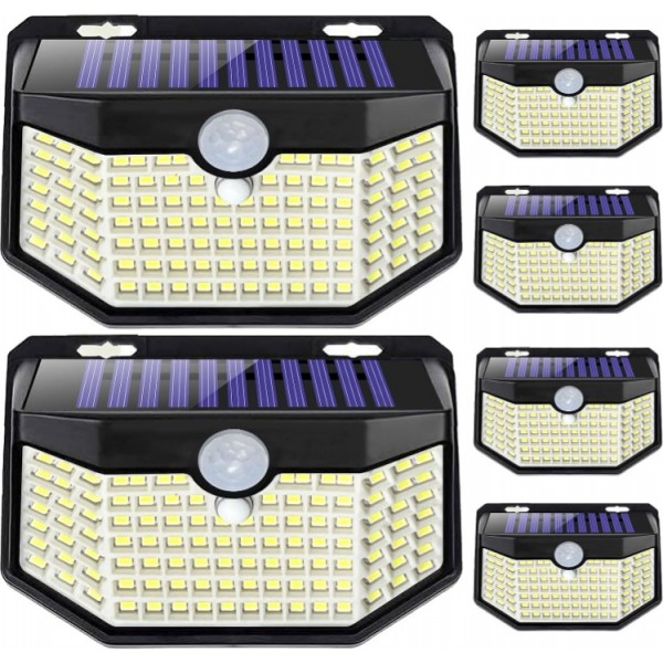 HMCITY 120 LED Outdoor Solar Lights with Motion Sensor,6 ack,Black Shell & White Shell, Daylight White & Warm White